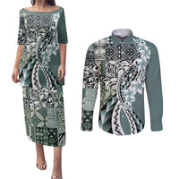 Aloha Vintage Plumeria Hawaiian Tapa Pattern Couples Matching Puletasi and Long Sleeve Button Shirt Dark Turquoise Hawaiian Tapa Pattern LT9 Turquoise - Polynesian Pride