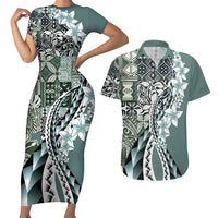 Aloha Vintage Plumeria Hawaiian Tapa Pattern Couples Matching Short Sleeve Bodycon Dress and Hawaiian Shirt Dark Turquoise Hawaiian Tapa Pattern LT9 Turquoise - Polynesian Pride