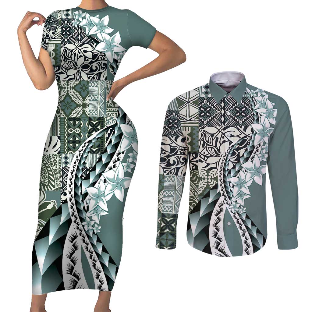 Aloha Vintage Plumeria Hawaiian Tapa Pattern Couples Matching Short Sleeve Bodycon Dress and Long Sleeve Button Shirt Dark Turquoise Hawaiian Tapa Pattern LT9 Turquoise - Polynesian Pride