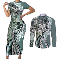 Aloha Vintage Plumeria Hawaiian Tapa Pattern Couples Matching Short Sleeve Bodycon Dress and Long Sleeve Button Shirt Dark Turquoise Hawaiian Tapa Pattern LT9 Turquoise - Polynesian Pride
