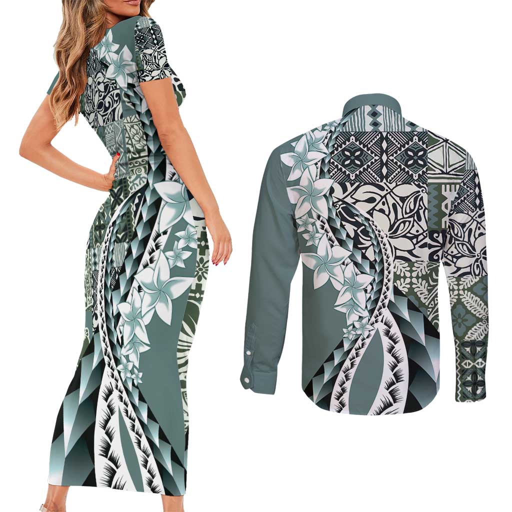 Aloha Vintage Plumeria Hawaiian Tapa Pattern Couples Matching Short Sleeve Bodycon Dress and Long Sleeve Button Shirt Dark Turquoise Hawaiian Tapa Pattern LT9 - Polynesian Pride