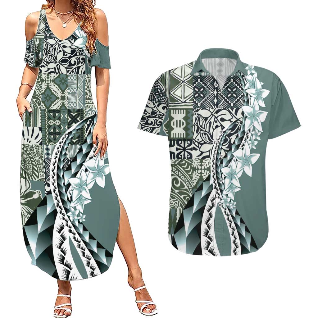 Aloha Vintage Plumeria Hawaiian Tapa Pattern Couples Matching Summer Maxi Dress and Hawaiian Shirt Dark Turquoise Hawaiian Tapa Pattern LT9 Turquoise - Polynesian Pride