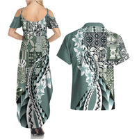 Aloha Vintage Plumeria Hawaiian Tapa Pattern Couples Matching Summer Maxi Dress and Hawaiian Shirt Dark Turquoise Hawaiian Tapa Pattern LT9 - Polynesian Pride