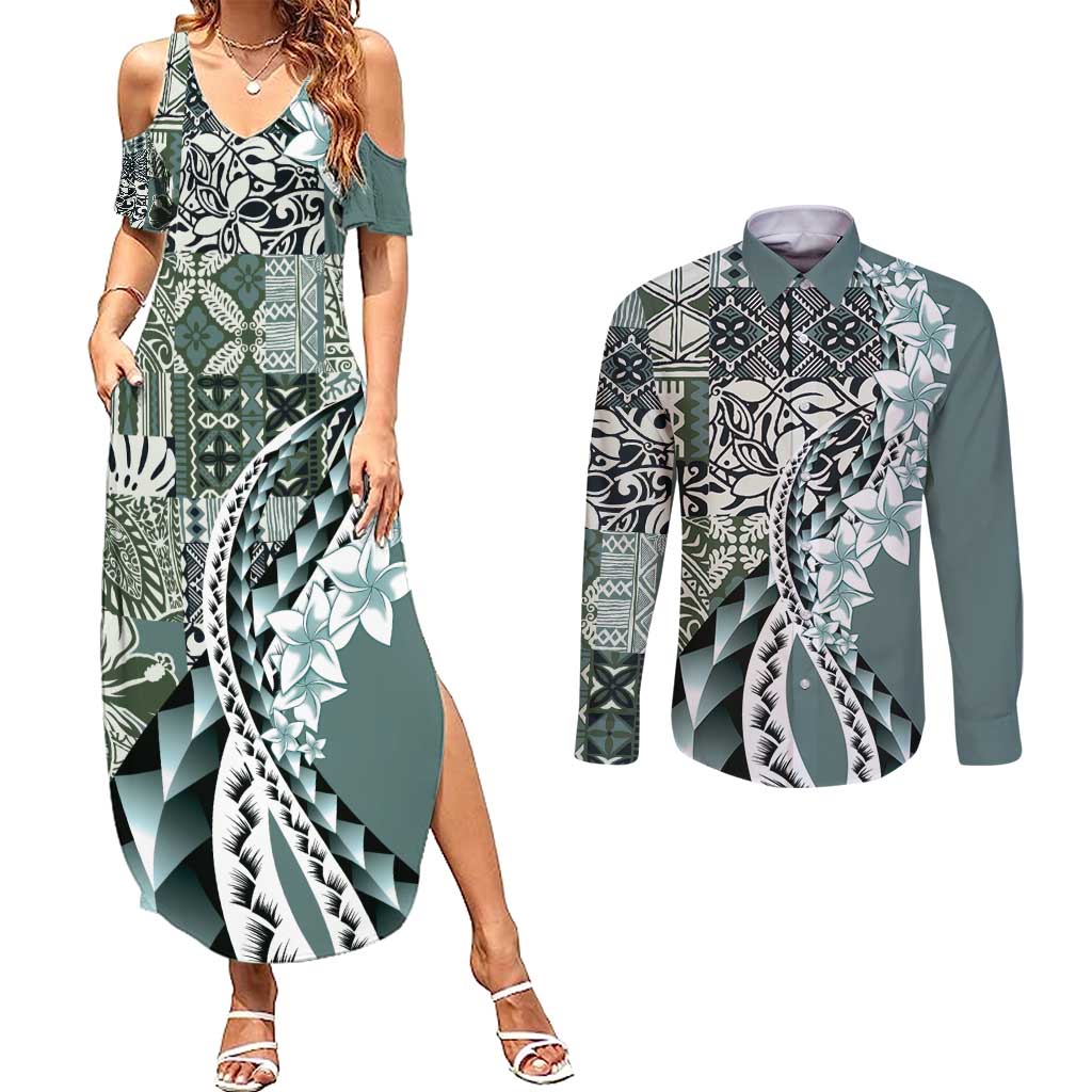 Aloha Vintage Plumeria Hawaiian Tapa Pattern Couples Matching Summer Maxi Dress and Long Sleeve Button Shirt Dark Turquoise Hawaiian Tapa Pattern LT9 Turquoise - Polynesian Pride