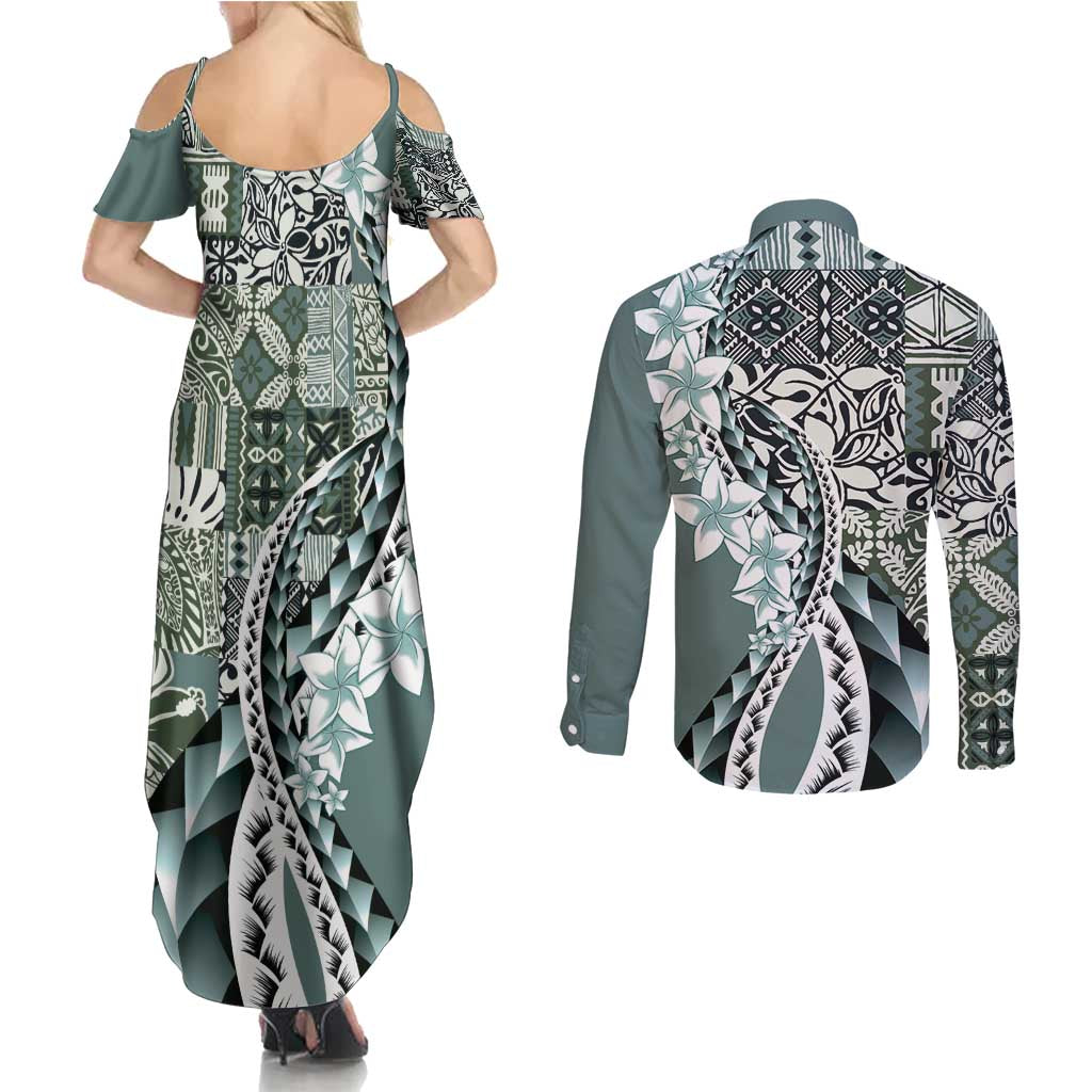 Aloha Vintage Plumeria Hawaiian Tapa Pattern Couples Matching Summer Maxi Dress and Long Sleeve Button Shirt Dark Turquoise Hawaiian Tapa Pattern LT9 - Polynesian Pride