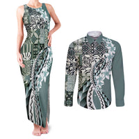 Aloha Vintage Plumeria Hawaiian Tapa Pattern Couples Matching Tank Maxi Dress and Long Sleeve Button Shirt Dark Turquoise Hawaiian Tapa Pattern LT9 Turquoise - Polynesian Pride