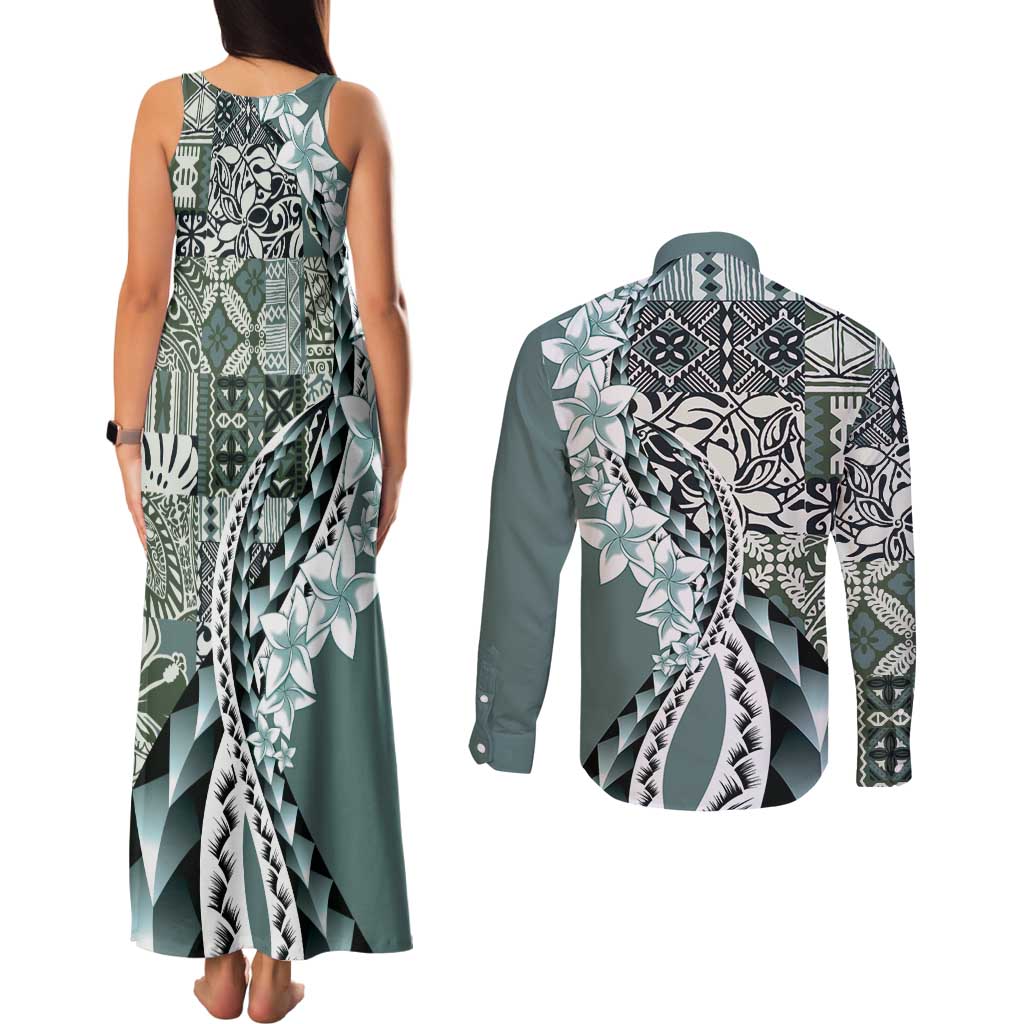Aloha Vintage Plumeria Hawaiian Tapa Pattern Couples Matching Tank Maxi Dress and Long Sleeve Button Shirt Dark Turquoise Hawaiian Tapa Pattern LT9 - Polynesian Pride
