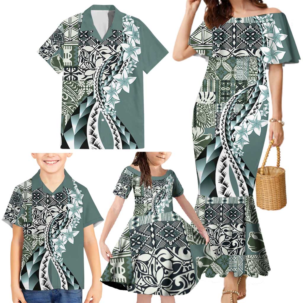 Aloha Vintage Plumeria Hawaiian Tapa Pattern Family Matching Mermaid Dress and Hawaiian Shirt Dark Turquoise Hawaiian Tapa Pattern LT9 - Polynesian Pride