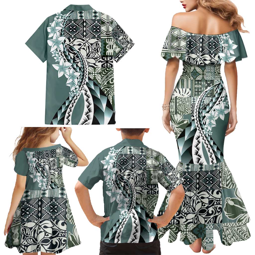 Aloha Vintage Plumeria Hawaiian Tapa Pattern Family Matching Mermaid Dress and Hawaiian Shirt Dark Turquoise Hawaiian Tapa Pattern LT9 - Polynesian Pride