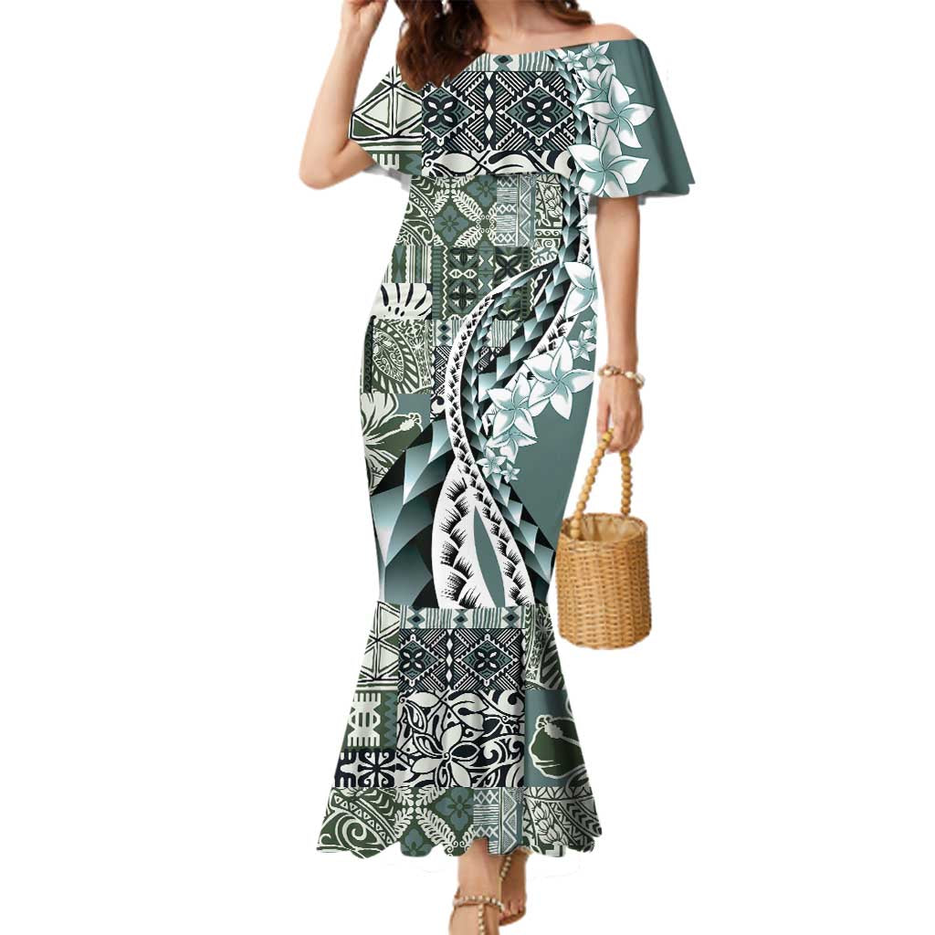 Aloha Vintage Plumeria Hawaiian Tapa Pattern Family Matching Mermaid Dress and Hawaiian Shirt Dark Turquoise Hawaiian Tapa Pattern LT9 Mom's Dress Turquoise - Polynesian Pride