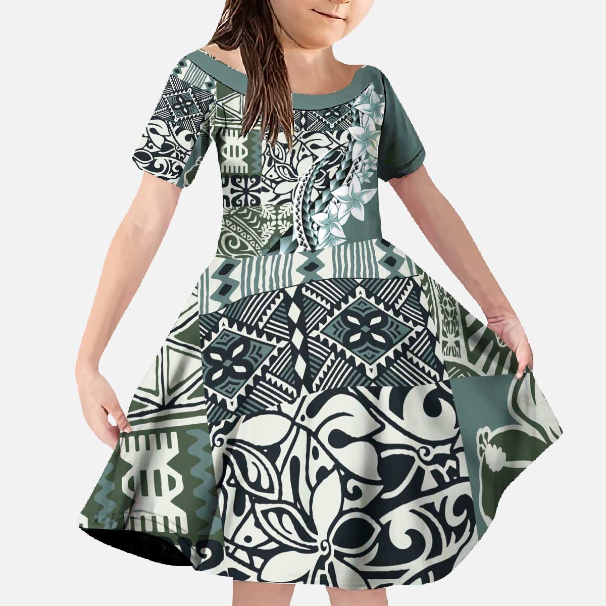 Aloha Vintage Plumeria Hawaiian Tapa Pattern Family Matching Off The Shoulder Long Sleeve Dress and Hawaiian Shirt Dark Turquoise Hawaiian Tapa Pattern LT9 Daughter's Dress Turquoise - Polynesian Pride