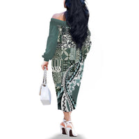 Aloha Vintage Plumeria Hawaiian Tapa Pattern Family Matching Off The Shoulder Long Sleeve Dress and Hawaiian Shirt Dark Turquoise Hawaiian Tapa Pattern LT9 - Polynesian Pride