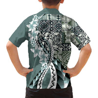 Aloha Vintage Plumeria Hawaiian Tapa Pattern Family Matching Off Shoulder Maxi Dress and Hawaiian Shirt Dark Turquoise Hawaiian Tapa Pattern LT9 - Polynesian Pride