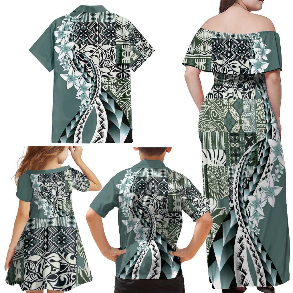Aloha Vintage Plumeria Hawaiian Tapa Pattern Family Matching Off Shoulder Maxi Dress and Hawaiian Shirt Dark Turquoise Hawaiian Tapa Pattern LT9 - Polynesian Pride