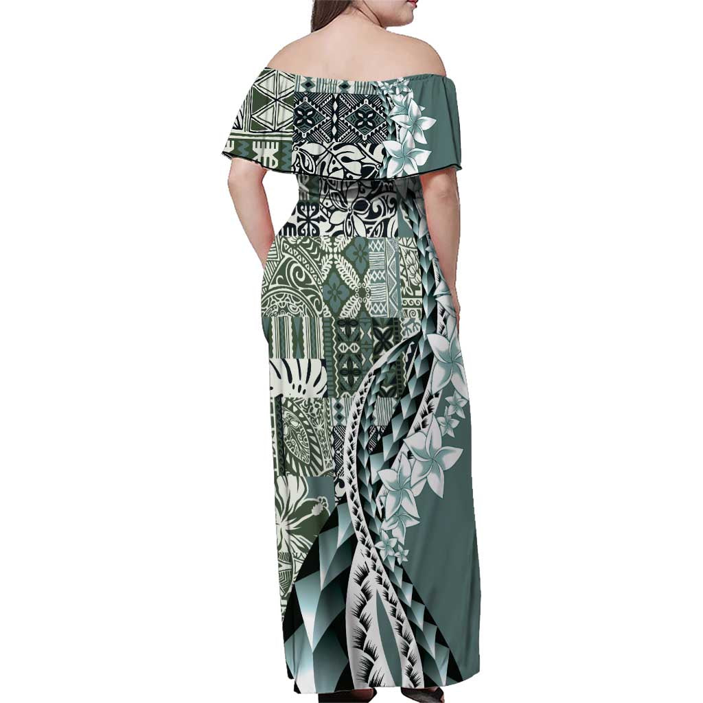 Aloha Vintage Plumeria Hawaiian Tapa Pattern Family Matching Off Shoulder Maxi Dress and Hawaiian Shirt Dark Turquoise Hawaiian Tapa Pattern LT9 - Polynesian Pride