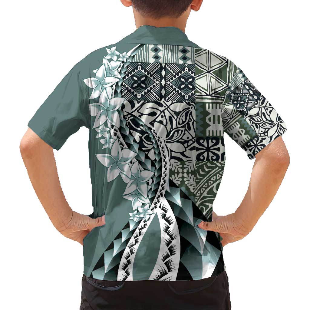 Aloha Vintage Plumeria Hawaiian Tapa Pattern Family Matching Off Shoulder Short Dress and Hawaiian Shirt Dark Turquoise Hawaiian Tapa Pattern LT9 - Polynesian Pride