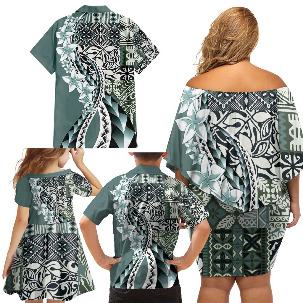 Aloha Vintage Plumeria Hawaiian Tapa Pattern Family Matching Off Shoulder Short Dress and Hawaiian Shirt Dark Turquoise Hawaiian Tapa Pattern LT9 - Polynesian Pride