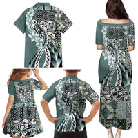 Aloha Vintage Plumeria Hawaiian Tapa Pattern Family Matching Puletasi and Hawaiian Shirt Dark Turquoise Hawaiian Tapa Pattern LT9 - Polynesian Pride