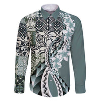 Aloha Vintage Plumeria Hawaiian Tapa Pattern Family Matching Puletasi and Hawaiian Shirt Dark Turquoise Hawaiian Tapa Pattern LT9 Dad's Shirt - Long Sleeve Turquoise - Polynesian Pride