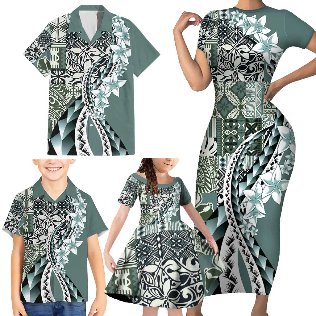 Aloha Vintage Plumeria Hawaiian Tapa Pattern Family Matching Short Sleeve Bodycon Dress and Hawaiian Shirt Dark Turquoise Hawaiian Tapa Pattern LT9 - Polynesian Pride
