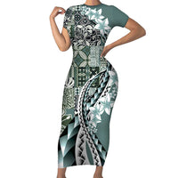 Aloha Vintage Plumeria Hawaiian Tapa Pattern Family Matching Short Sleeve Bodycon Dress and Hawaiian Shirt Dark Turquoise Hawaiian Tapa Pattern LT9 Mom's Dress Turquoise - Polynesian Pride