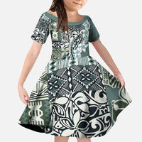 Aloha Vintage Plumeria Hawaiian Tapa Pattern Family Matching Summer Maxi Dress and Hawaiian Shirt Dark Turquoise Hawaiian Tapa Pattern LT9 Daughter's Dress Turquoise - Polynesian Pride