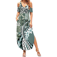Aloha Vintage Plumeria Hawaiian Tapa Pattern Family Matching Summer Maxi Dress and Hawaiian Shirt Dark Turquoise Hawaiian Tapa Pattern LT9 Mom's Dress Turquoise - Polynesian Pride