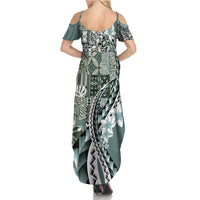 Aloha Vintage Plumeria Hawaiian Tapa Pattern Family Matching Summer Maxi Dress and Hawaiian Shirt Dark Turquoise Hawaiian Tapa Pattern LT9 - Polynesian Pride
