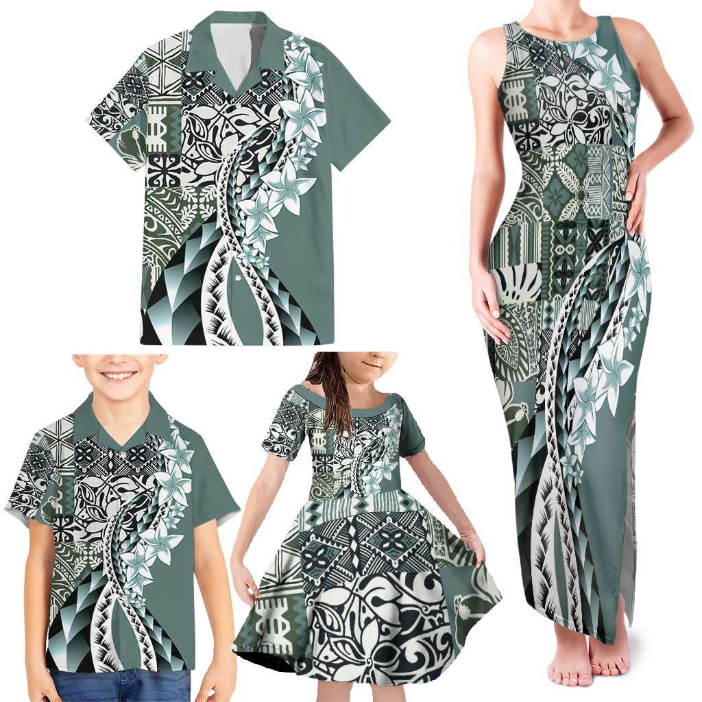 Aloha Vintage Plumeria Hawaiian Tapa Pattern Family Matching Tank Maxi Dress and Hawaiian Shirt Dark Turquoise Hawaiian Tapa Pattern LT9 - Polynesian Pride
