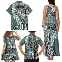 Aloha Vintage Plumeria Hawaiian Tapa Pattern Family Matching Tank Maxi Dress and Hawaiian Shirt Dark Turquoise Hawaiian Tapa Pattern LT9 - Polynesian Pride