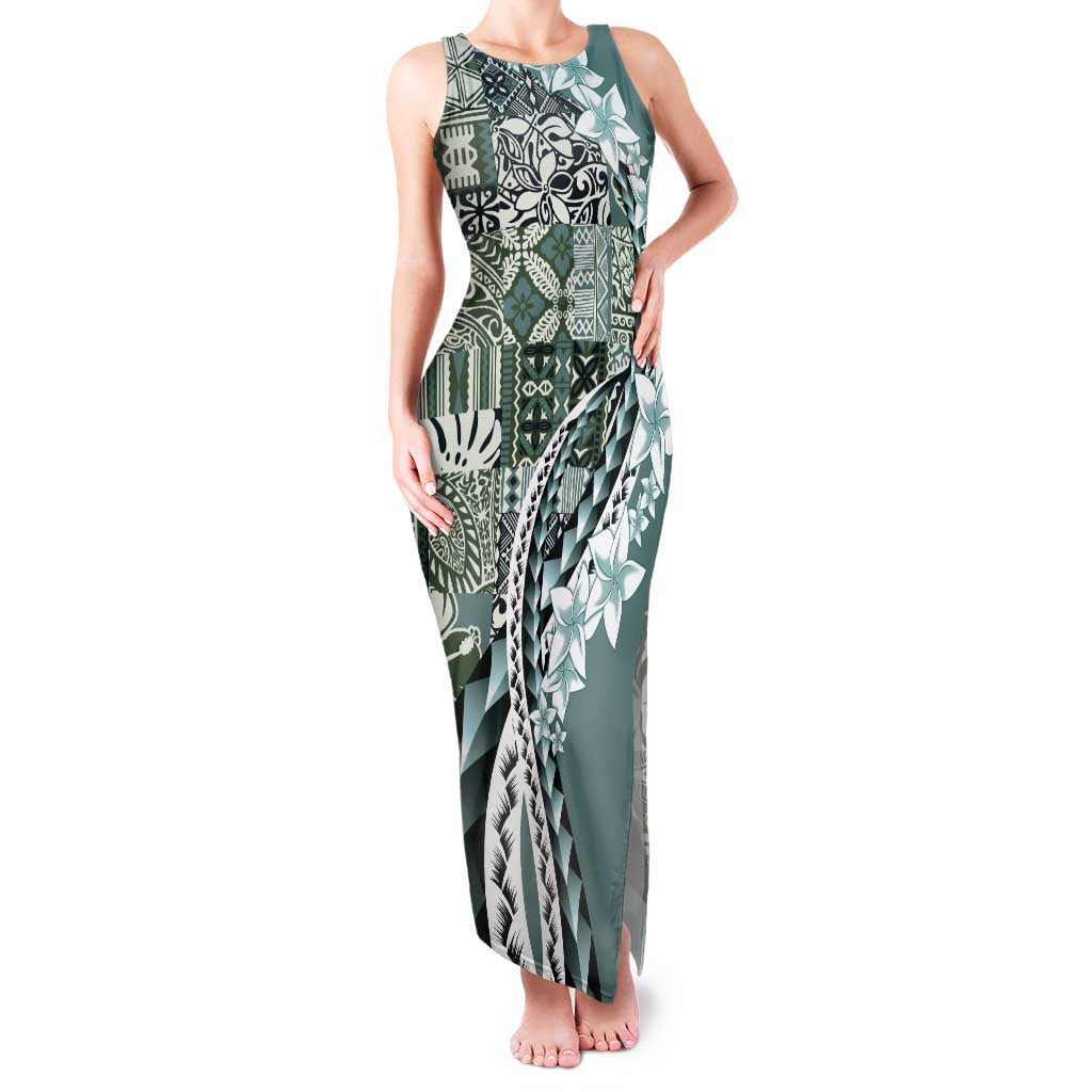 Aloha Vintage Plumeria Hawaiian Tapa Pattern Family Matching Tank Maxi Dress and Hawaiian Shirt Dark Turquoise Hawaiian Tapa Pattern LT9 Mom's Dress Turquoise - Polynesian Pride