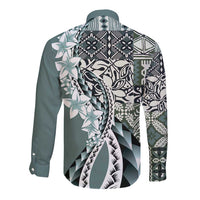 Aloha Vintage Plumeria Hawaiian Tapa Pattern Long Sleeve Button Shirt Dark Turquoise Hawaiian Tapa Pattern - Polynesian Pride