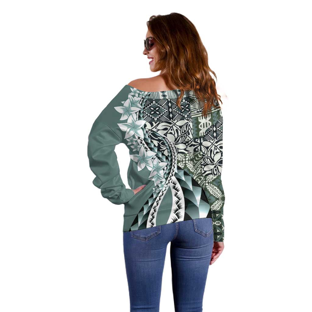 Aloha Vintage Plumeria Hawaiian Tapa Pattern Off Shoulder Sweater Dark Turquoise Hawaiian Tapa Pattern - Polynesian Pride