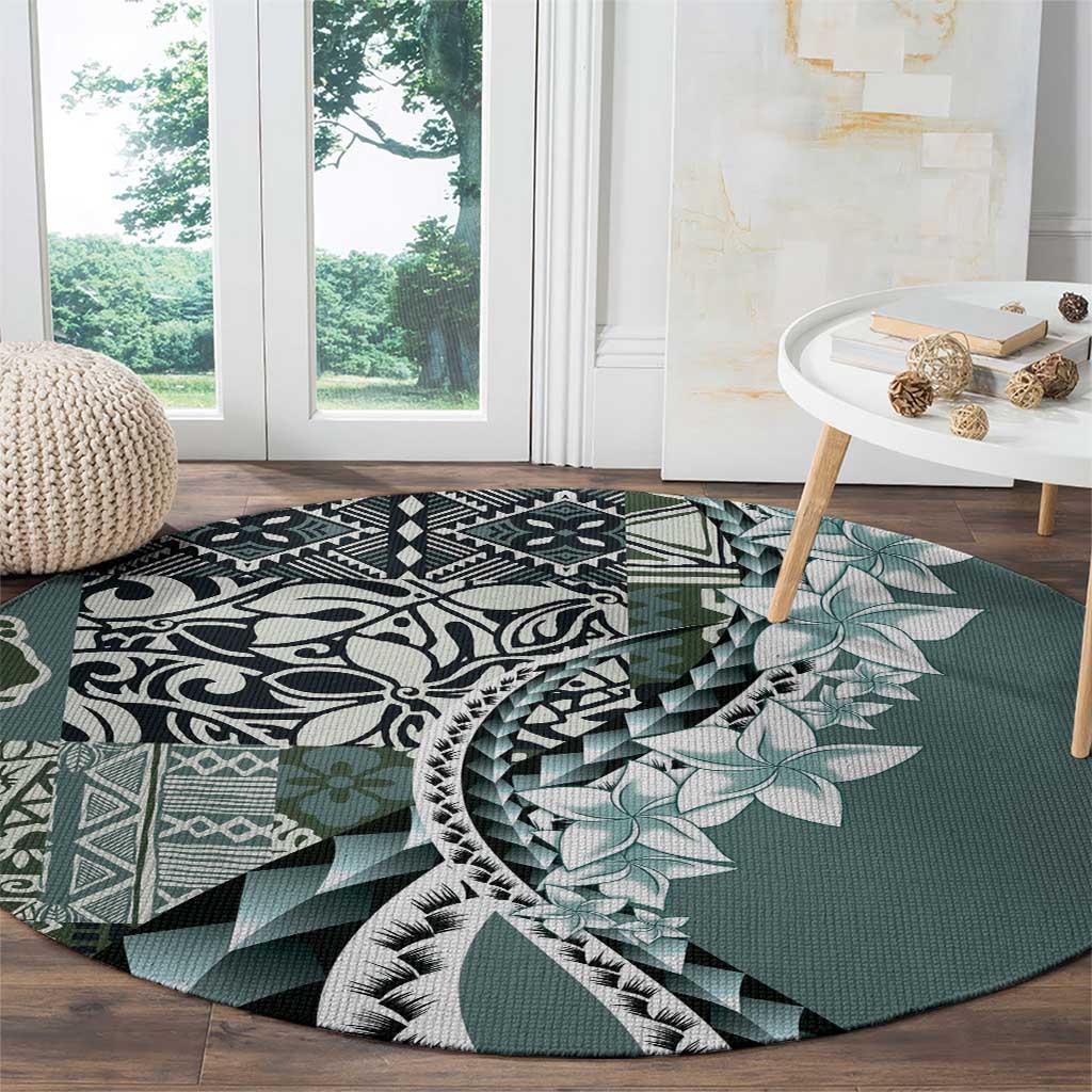 Aloha Vintage Plumeria Hawaiian Tapa Pattern Round Carpet Dark Turquoise Hawaiian Tapa Pattern - Polynesian Pride