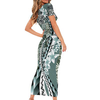 Aloha Vintage Plumeria Hawaiian Tapa Pattern Short Sleeve Bodycon Dress Dark Turquoise Hawaiian Tapa Pattern - Polynesian Pride