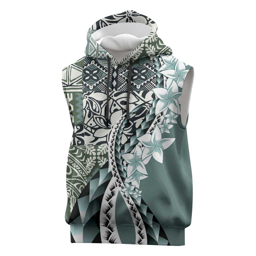 Aloha Vintage Plumeria Hawaiian Tapa Pattern Sleeveless Hoodie Dark Turquoise Hawaiian Tapa Pattern - Polynesian Pride