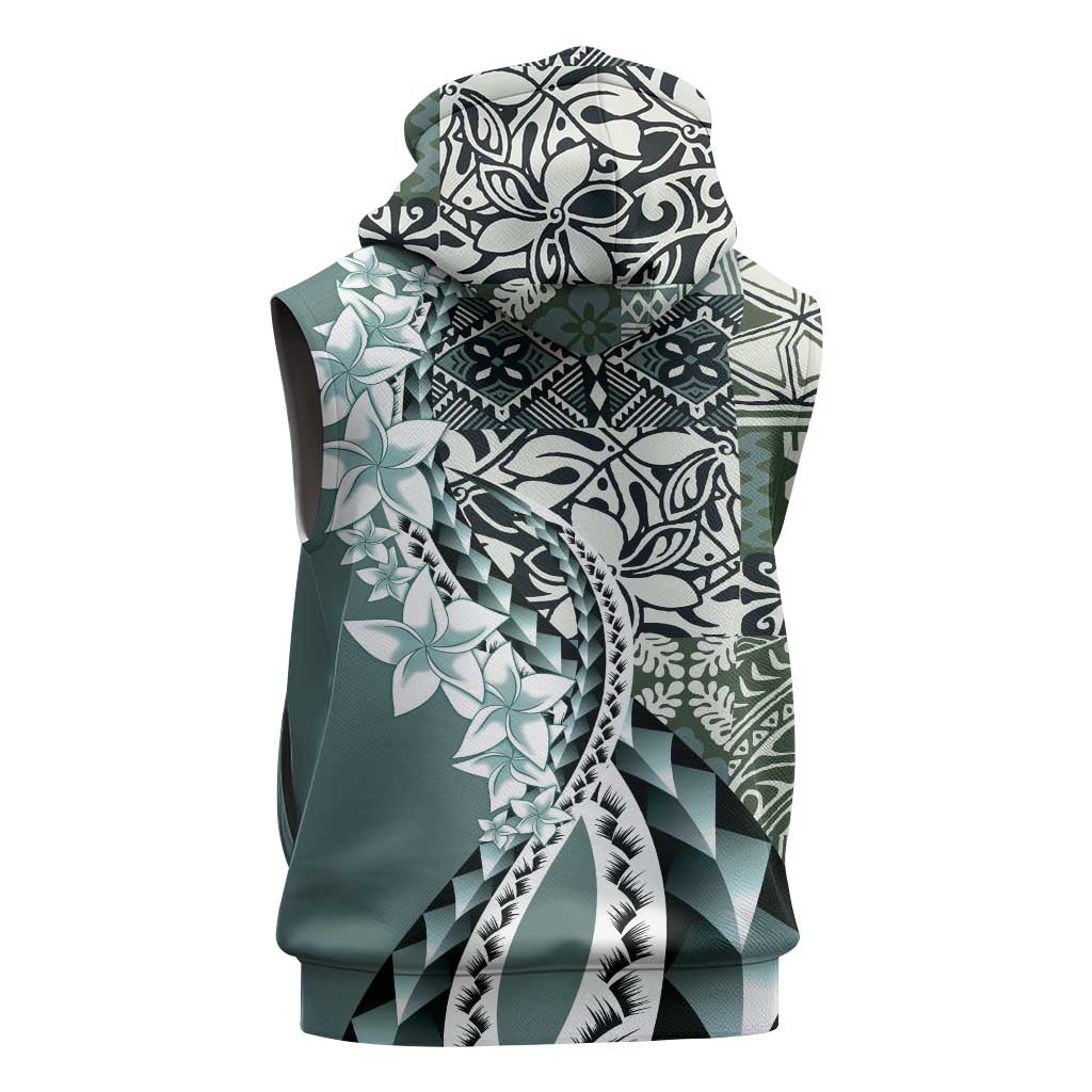 Aloha Vintage Plumeria Hawaiian Tapa Pattern Sleeveless Hoodie Dark Turquoise Hawaiian Tapa Pattern - Polynesian Pride