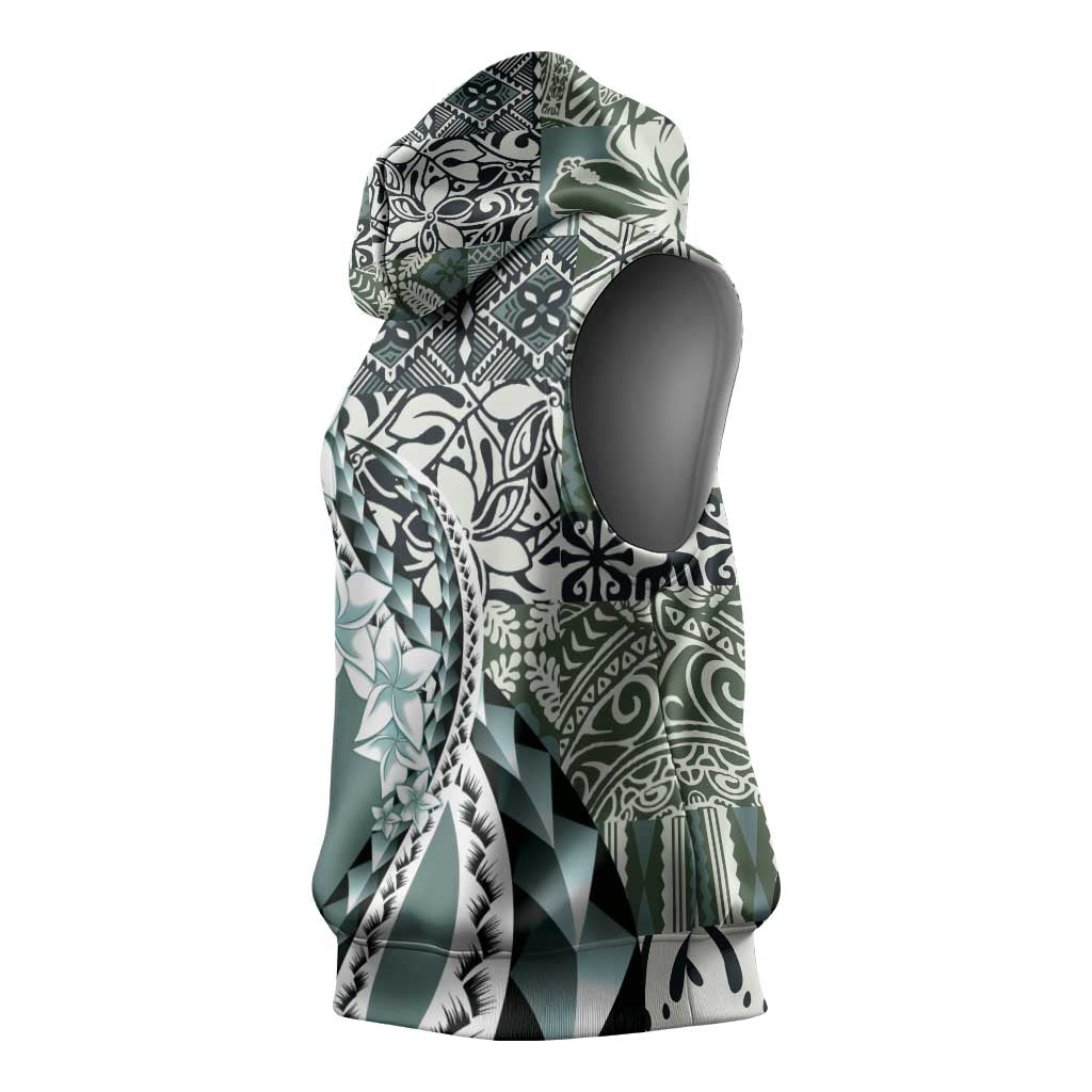 Aloha Vintage Plumeria Hawaiian Tapa Pattern Sleeveless Hoodie Dark Turquoise Hawaiian Tapa Pattern - Polynesian Pride