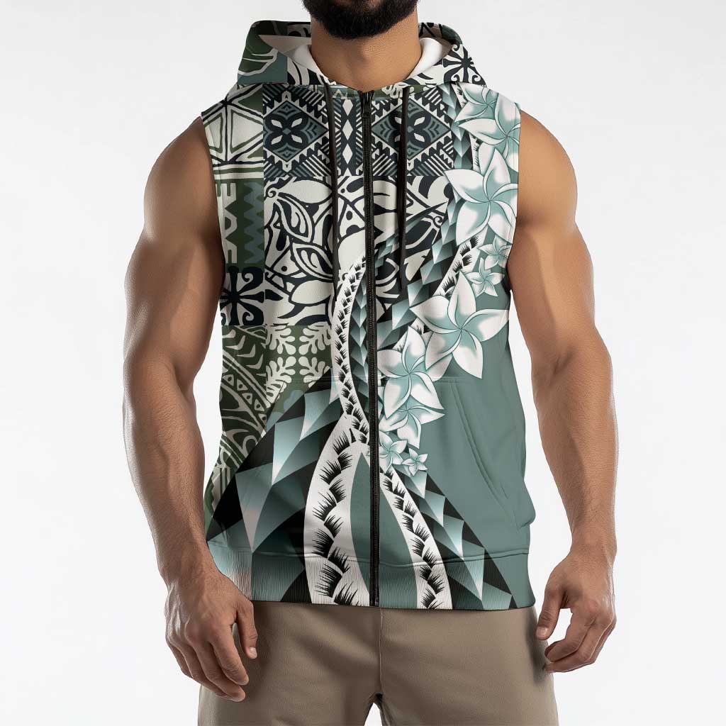Aloha Vintage Plumeria Hawaiian Tapa Pattern Sleeveless Zip Hoodie Dark Turquoise Hawaiian Tapa Pattern LT9
