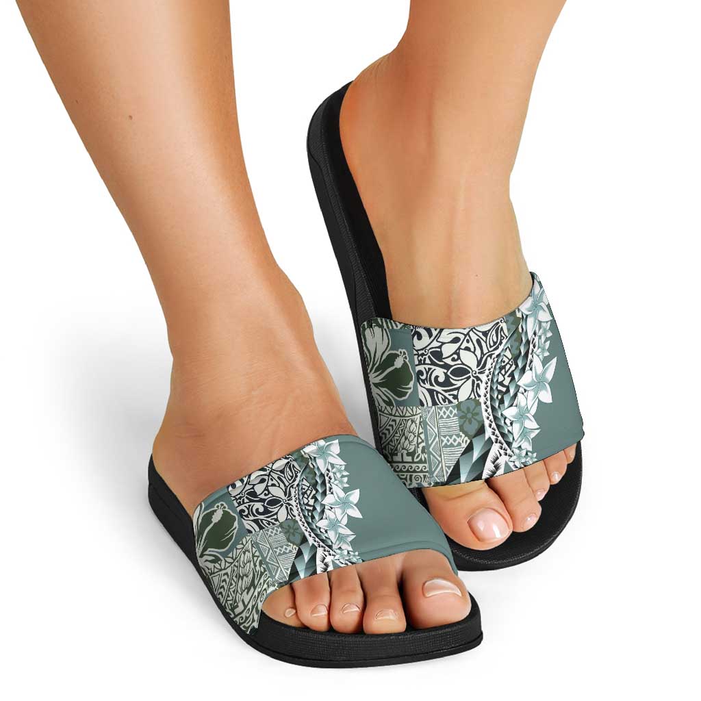 Aloha Vintage Plumeria Hawaiian Tapa Pattern Slide Sandals Dark Turquoise Hawaiian Tapa Pattern - Polynesian Pride