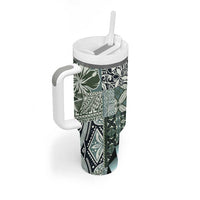 Aloha Vintage Plumeria Hawaiian Tapa Pattern Tumbler With Handle Dark Turquoise Hawaiian Tapa Pattern LT9 - Polynesian Pride