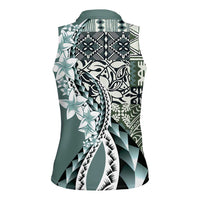 Aloha Vintage Plumeria Hawaiian Tapa Pattern Women Sleeveless Polo Shirt Dark Turquoise Hawaiian Tapa Pattern LT9 - Polynesian Pride