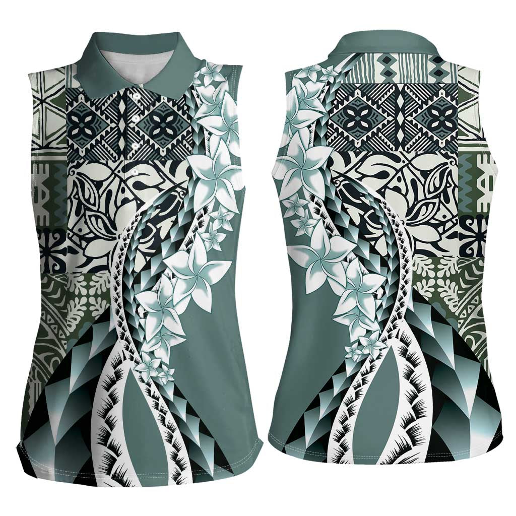 Aloha Vintage Plumeria Hawaiian Tapa Pattern Women Sleeveless Polo Shirt Dark Turquoise Hawaiian Tapa Pattern LT9 - Polynesian Pride