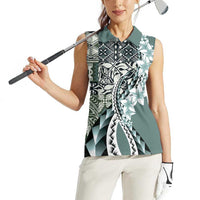 Aloha Vintage Plumeria Hawaiian Tapa Pattern Women Sleeveless Polo Shirt Dark Turquoise Hawaiian Tapa Pattern LT9 - Polynesian Pride