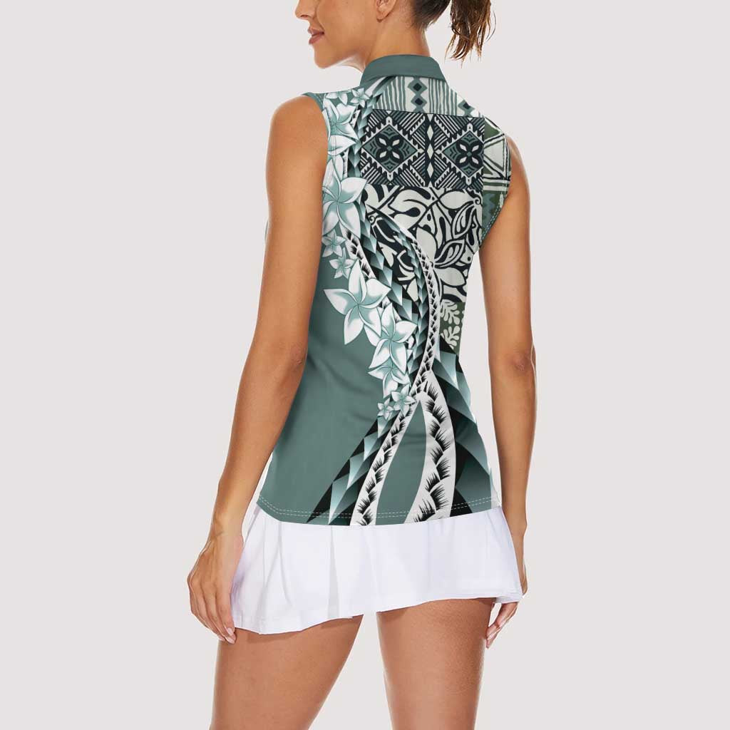 Aloha Vintage Plumeria Hawaiian Tapa Pattern Women Sleeveless Polo Shirt Dark Turquoise Hawaiian Tapa Pattern LT9 - Polynesian Pride