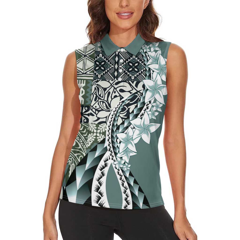 Aloha Vintage Plumeria Hawaiian Tapa Pattern Women Sleeveless Polo Shirt Dark Turquoise Hawaiian Tapa Pattern LT9 - Polynesian Pride