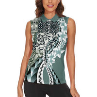 Aloha Vintage Plumeria Hawaiian Tapa Pattern Women Sleeveless Polo Shirt Dark Turquoise Hawaiian Tapa Pattern LT9 - Polynesian Pride
