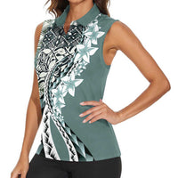 Aloha Vintage Plumeria Hawaiian Tapa Pattern Women Sleeveless Polo Shirt Dark Turquoise Hawaiian Tapa Pattern LT9 - Polynesian Pride