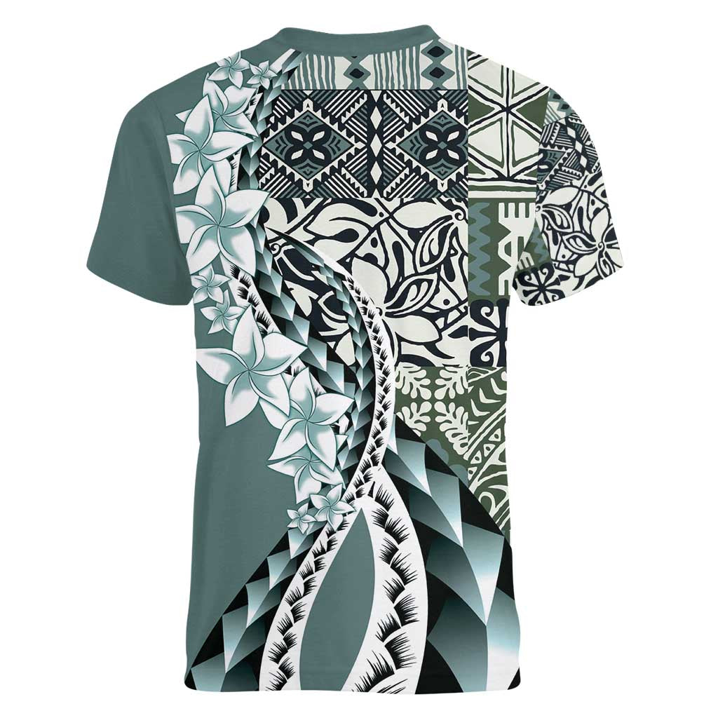 Aloha Vintage Plumeria Hawaiian Tapa Pattern Women V-Neck T-Shirt Dark Turquoise Hawaiian Tapa Pattern LT9 - Polynesian Pride