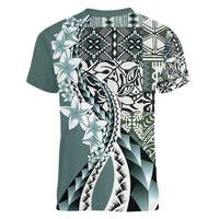 Aloha Vintage Plumeria Hawaiian Tapa Pattern Women V-Neck T-Shirt Dark Turquoise Hawaiian Tapa Pattern LT9 - Polynesian Pride